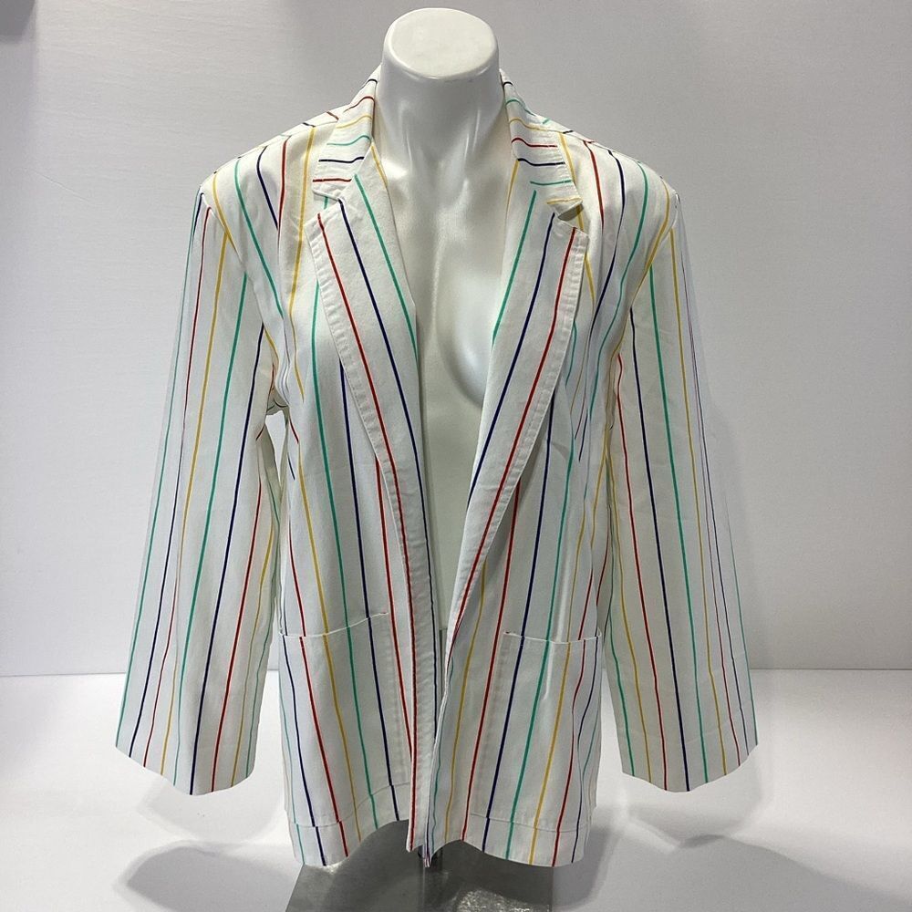 Vintage The Fox Collection White Rainbow Stripe Blazer Jacket Size M Preppy 80s